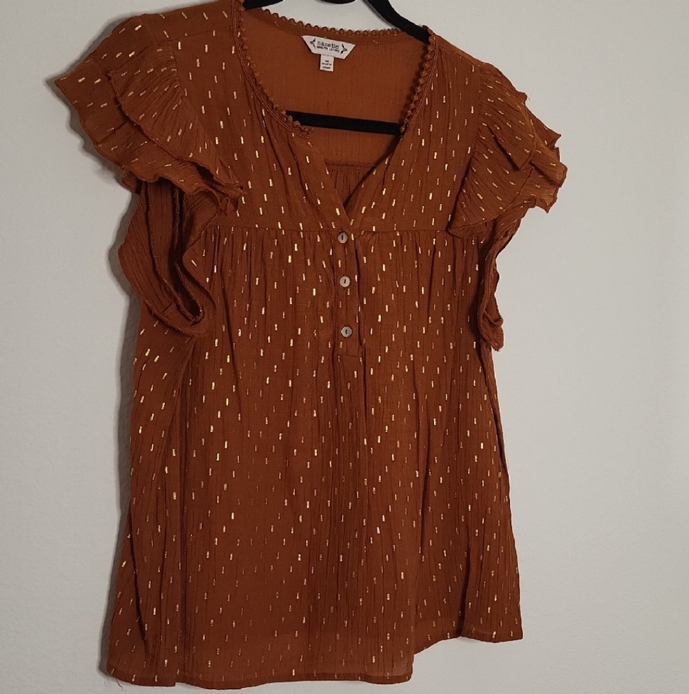 Nanette Lepore Size M Rust Ruffle Sleeve Blouse